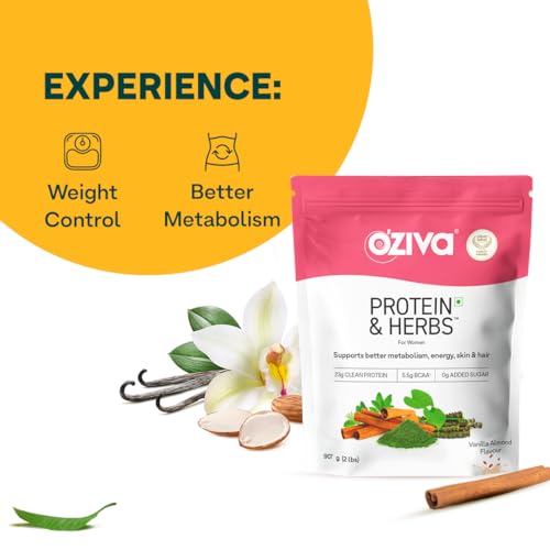 Image of OZiva Protein & Herbs for Women (Vanilla Almond) I Manage Weight, Energy & Metabolism | Clean Protein, Shatavari, Green Tea I No Added Sugar, 2lbs with Shaker