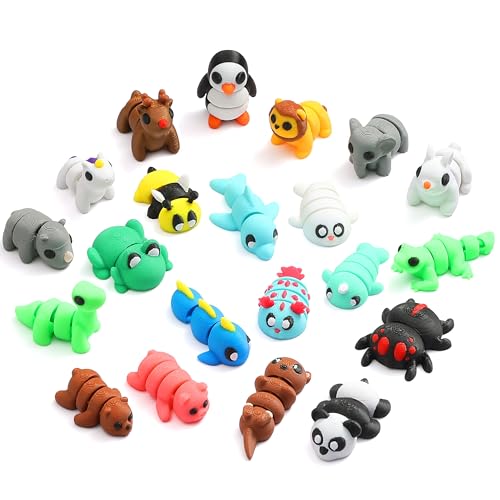 MONJITA 21 pcs Mini 3D Printed Animal Figurines, Flexible Articulated Fidget Toys, Cute Desk Decor, Party Favors, Goodie Bag Stuffers, Gifts for Kids Carnival Prizes Graduation Rewards (21pcs)