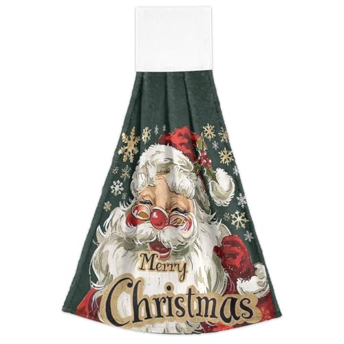 Boccsty Christmas Santa Face Hanging Kitchen Towels 2 Pieces Gold Snowflake Dish Tie Towels Hand Towel Bathroom Towels for Farmhouse