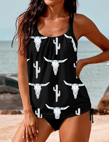 Image of SHESHOW Cowgirl Style Tankini Swimsuits for Women Scoop Neck Ruched Blouson and Bottom 2 Piece Bathing Suits S-XXL