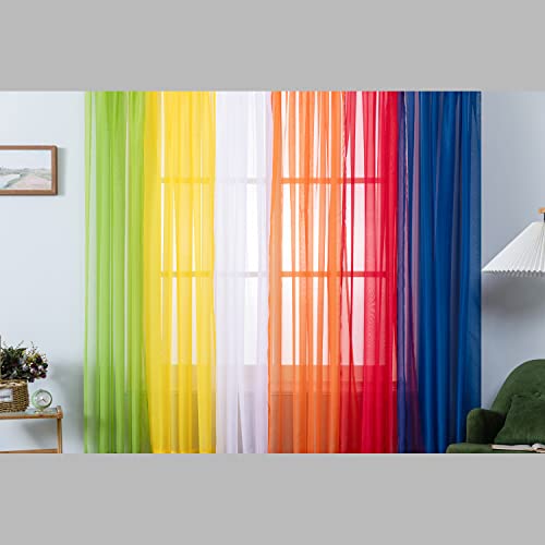 Wpm 6 Piece Rainbow Sheer Window Panel Colorful Backdrop Bright Curtains Set For Playroom, Nurseries, Bedroom Lime, Orange, Red, White, Bright Yellow, Navy Drapes Kids (84" Long) #TOP5