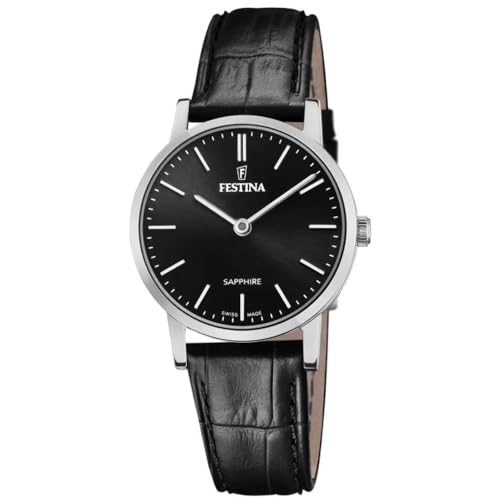 Festina Swiss Made Damen Armbanduhr Schwarzes Leder - Quarzwerk - Saphirglas Hohe Widerstandsfähigkeit - Wasserdicht bis 5 ATM - Elegant Klassisch Vintage F20013/4