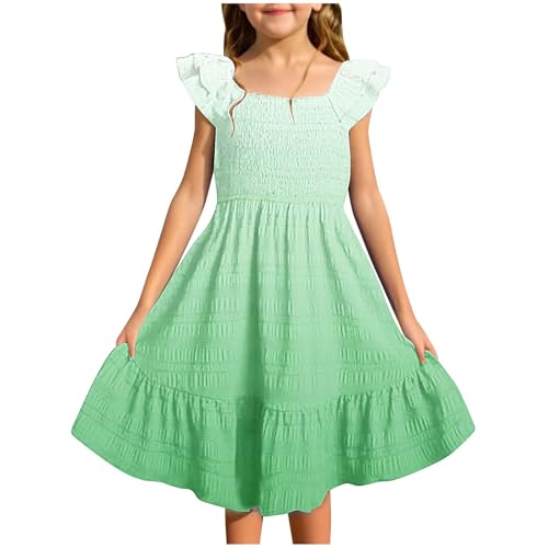 Little Girls Summer Dresses Kids Cute Double Layer Ruffle Sleeve Smocked Flowy Dress Tween Girl Elegant Midi Boho Sun Dresses