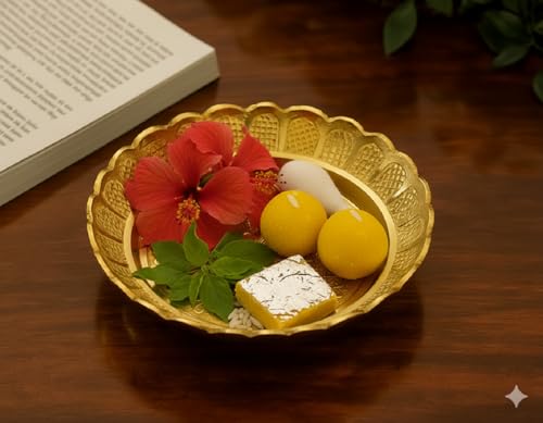 Image of Mkd2 Rise Brass Puja Round Thali /Bhog Thali /Puja Plate for Worship, Flower-Engraved Design (Brass, Gold Colour, 6 Inches)