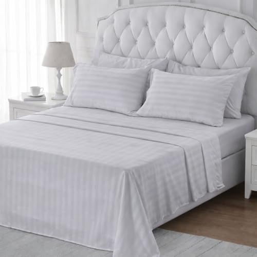 Image of Single Size Bedsheets for Single Bed 600 TC - Cotton Elastic Fitted Sheet (30 x 78 Inches) with 8 Inch Drop- Color Light Grey Stripe [ Fitted Sheet with 2 Pillow Cover]