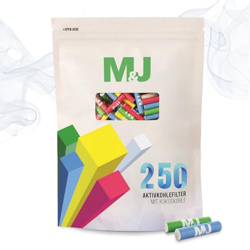 Mari & Juan 250 Aktivkohlefilter 6mm Slim Size I Aktivkohlefilter dünne Filter mit Aktivkohle aus Kokosschale, 250 Stück, bunt I Schadstoffärmeres Raucherlebnis