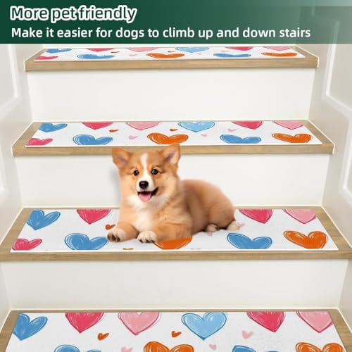 Tapis d'escalier antidérapants lot de 15 marches bois forme cœur - 6