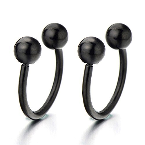 Stainless Steel Bead Half Hoop Hinged Earrings for Men Women (black, 10mm)