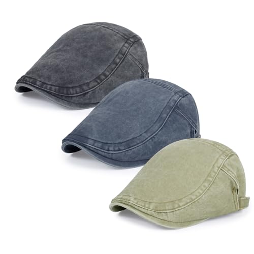 Qlauca 3Pcs Men's Newsboy Caps Washing Cotton Cooling Lightweight Scally Cap for Men Adjustable Flat Cap