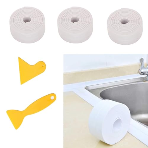 3 Rolls PVC Waterproof Sealing Tape - 126Inch×1.5Inch Self-Adhesive Caulk Tape Flexible 0-90 Degree for Kitchen Sink/Bathtub/Wall Joints