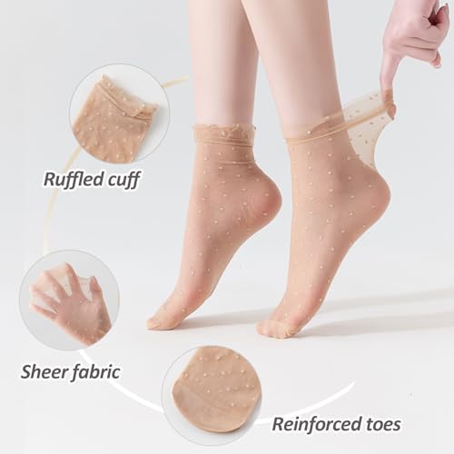 Mcool Mary 12 Pairs Women's Sheer Ruffled Socks Frilly Ankle High Nude Nylon Dot Stocking Summer Ultra Thin Cool Silk Sock2