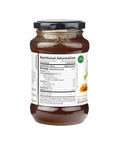 Image of INDIGENOUS HONEY Fennel Saunf Honey Raw Organic Natural Pure Unprocessed NMR Tested Unpasteurized Unheated 530g Glass Jar Pack of 1 | Natural Sweetener No Added Sugar Unfiltered Unprocessed Honey Pack of 1
