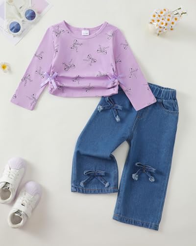 Image of Kucnuzki Toddler Baby Girl Clothes Long sleeve Fall Winter Shirt Tops Baggy Jeans Pants Set Kids Girls Outfits 2 Piece