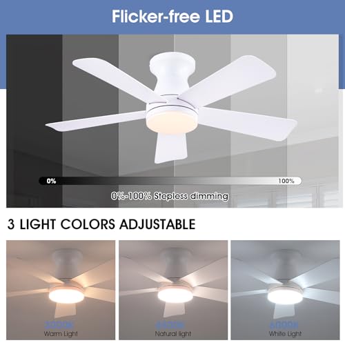 Image of 41 inchSmall Modern White Low Profile Ceiling Fans with Light and Remote | Flush Mount ,Super Large Airflow with 6 Wind Speeds, Reversible, Dimmable 3 CCT LED, 30W DC Motor,Suits for Bedroom Kidsroom