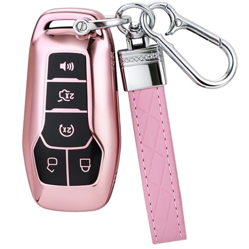 Suitable for Ford Key Fob Cover with Keychain Soft TPU Full Protection Key Fob Case for Ford Fusion Mustang F150 Edge Explorer Lincoln MKZ MKC MKX Remote Key (Type A pink Key Case + key chain)
