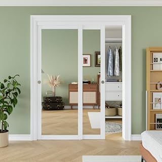 60" x 80" Sliding Closet Door, 1-Lite One-Side Mirror Bypass Door Panel with Hardware Track Kit & Floor Guide, Solid Wood Slab Pre-Assembled with PVC Surface, Silver Round Handle