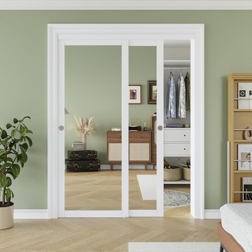Sliding Closet Door 60" x 80", One-Side Mirror Bypass Door Panel with Hardware Track Kit & Floor Guide, Solid Wood Slab Pre-Assembled with PVC Surface for Bedroom, Silver Round Handle