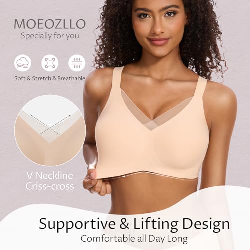 Image of MOEOZLLO Womens Wireless Bras for Women No Underwire Seamless Bralettes for Wireless Bra V Lace Soft T Shirt Support