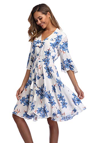 Image of VintageClothing Women's Floral Sundresses Flowy Boho Summer Beach Dress | Lightweight Breathable material,Elegant V Neck and Button Front Design,Flared Bell Sleeve Cut,Mini Casual dress