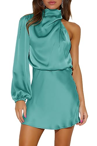 Ferlema Vestidos de cóctel de satén para mujer, cuello alto falso, un hombro, manga larga, cintura alta, mini vestidos para invitados de boda, Agua, Large