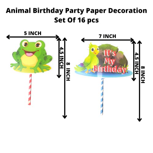 Image of Party Decorz Animal /Jungle /Safari Theme Birthday Paper Decoration Set Of 16pcs(1pcs Happy Birthday Banner +12pcs Animal Paper Cutout +2pcs Props +1pcs Cake Topper)For Kids Animal Theme Birthday Party