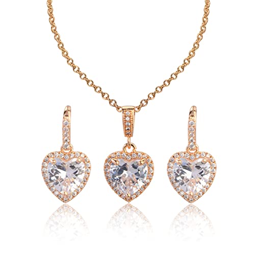 Mycitta Bridal Jewelry Set for Women - 925 Sterling Silver Dainty Small Love Heart Shape CZ Crystal Cubic Zirconia Rhinestone Necklace Earrings Set for Wedding Party Prom Gold Tone