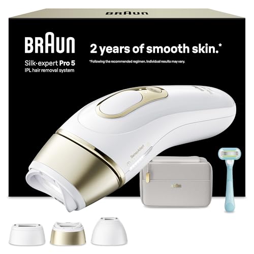 Braun Depiladora Luz Pulsada Silk·expert Pro 5, IPL, Depilación Láser en Casa para Cara Y Cuerpo, Reducción Permanente del Vello, Depiladora Laser con 3 Cabezales, Neceser Y Maquinilla Venus, PL5311
