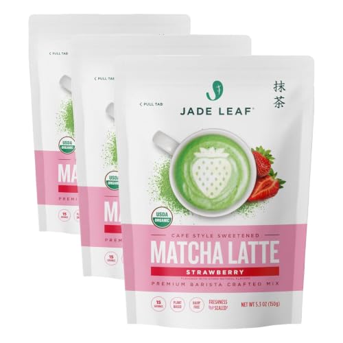 Image of Jade Leaf Matcha Organic Strawberry Matcha Latte Mix - Lightly Sweet Japanese Matcha Powder with Organic Cane Sugar for Cafe Style Blend, 5.3 Ounce / 150g (Pack of 3)