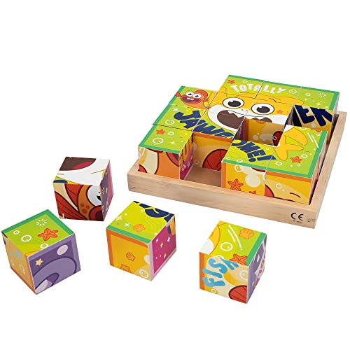 WOOMAX- Rompecabezas de Madera Baby Shark 16 Cubos 20X20X5,5 CM, Multicolor (48822)
