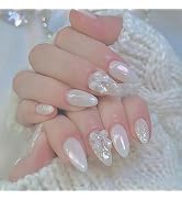 QEYRIYI White Chrome Press on Nails Medium Almond Fake Nail with 3D Bow Charms Designs Glitter Fa...