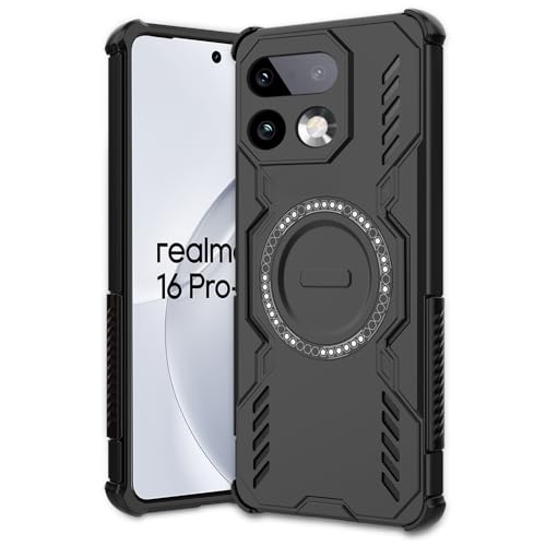 Image of AESTMO Back Case Cover for Realme 16 Pro Plus 5G | Magnetic Case with Built-in Metal Ring | Compatible with MagSafe Accessories | Shockproof Hybrid (PC + TPU, Black)