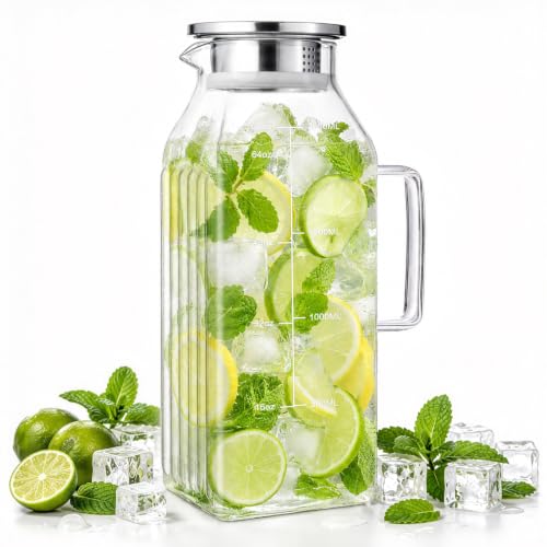 Aofmee 2 Liter Glas Karaffe Krug mit Deckel und Auslauf, 68 Unzen Glaskaraffe, Wasserkaraffe, Eistee Krug, Saft Krug, quadratischer Wasserkrug - Spülmaschinenfest