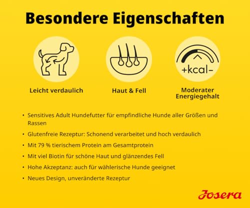 JOSERA Adult SensiPlus Ente & Reis (1 x 12,5 kg) | Premium Trockenfutter für ausgewachsene empfindliche Hunde | mit viel Biotin für gesunde Haut & Fell | hoch verdaulich | glutenfrei | 1er Pack