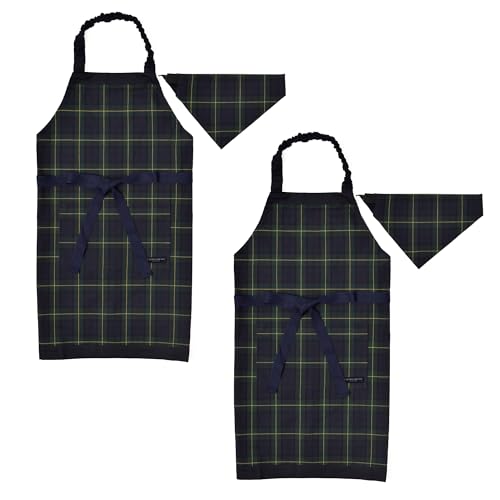 COLORFUL CANDY STYLE 子どもエプロン(130〜160cm) タータンチェック・ダークグリーン 2枚セット 女の子 男の子 おしゃれ 子供用 子供 こども エプロン 三角巾 セット ゴム キッズエプロン おしゃれ 幼児 小学生 かわいい