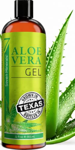 Seven Minerals Pure Aloe Vera Gel, 8 Hrs From Harvest, with 98.7% Organic Texas Aloe - Freshly Cut Leaves, Not Powder - Big 12 oz - Unscented, Non-Sticky, Vegan - Face, Skin & Hair, After Sun