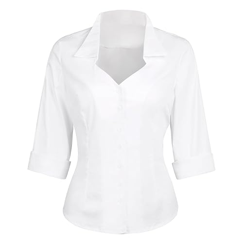 Women's Solid Classic-Fit Casual Blouses Button Down 3/4 Sleeve Dress