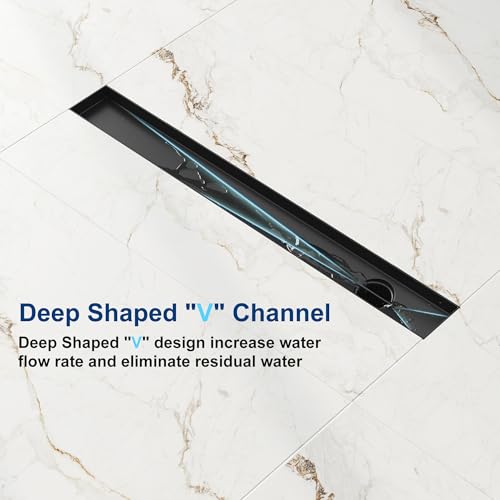 Neodrain 24-Inch Offset Linear Shower Drain with Tile Insert Grate Cover, 304 Stainless Steel Rectangle Side Outlet Shower Floor Drain, Adjustable Leveling Foot, Hair Strainer/Catcher, Matte Black - Thumbnail 5