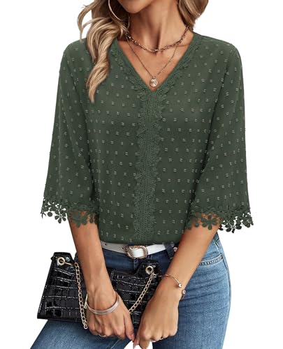 siliteelon Cute Summer Tops Army Green Summer Tops for Women 2026 Floral 3/4 Sleeve Boho Swiss Dot V Neck Dressy Causal Trendy 2026 Summer XL X-Large Shirts