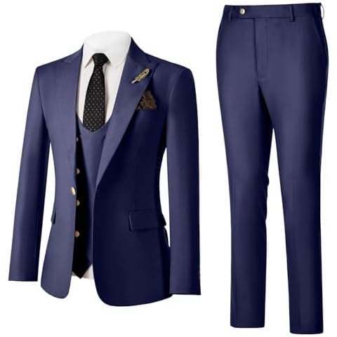 Fxzpiodi Men Suit 3 Pieces Slim Fit,2 Button Wedding Suit Prom Suit for Men Business Suit Jacket Vest Pant Prom Dinner Party Navy Blue XXXL Cover