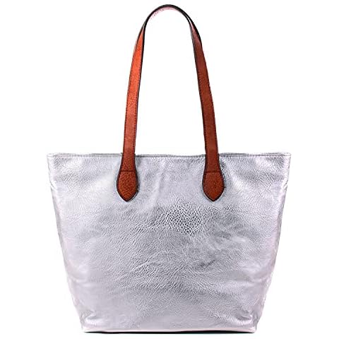 WEDMAY Womens Quality Faux Leather Plain Handbag Designer Tote Shoulder Bag Lightweight Shopping Bag (WMG1145 Silver) Cover