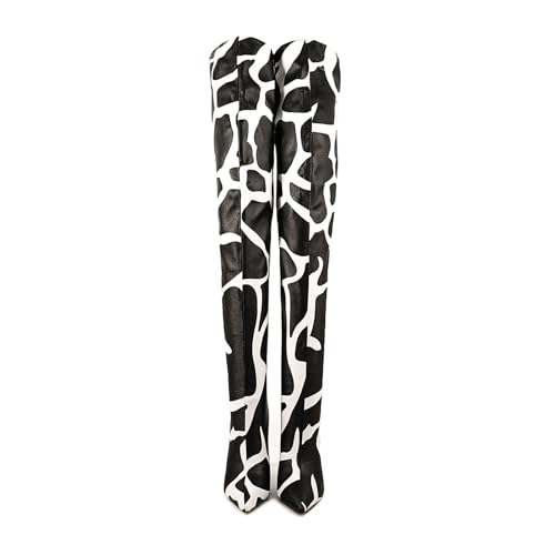 Image of Thigh high boots for women striped Back zipper Burgundy Zebra Print Over the knee Sexy gold white pointed toe Cow Print leopard Magenta stiletto heel