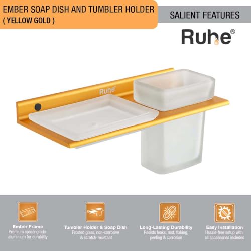 Image of Ruhe Ember 2 in 1 Soap Dish & Tumbler Holder | Soap Case | Tooth Brush Holder | Bathroom Accessories | Wall Mounted | Soap Stand | Yellow Gold
