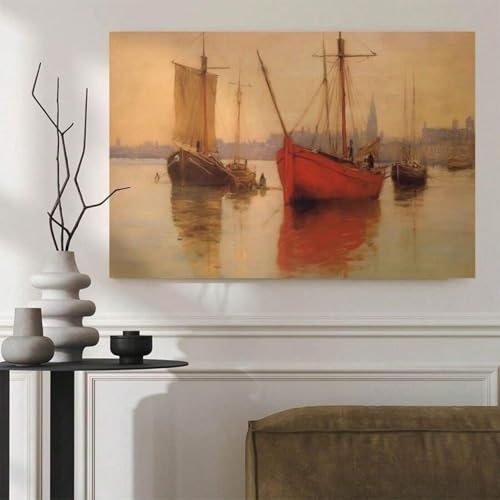 Affiche murale bateau rouge impressionniste cadre décoration salon 60x80