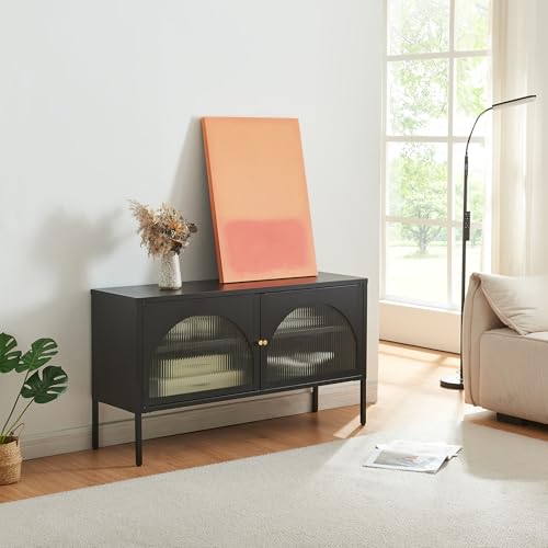 [en.casa] Meuble TV avec 2 Portes en Verre Surface de Rangement Réglable Salon Chambre Bureau Élégant Modern Bien Rangé Peu Encombrant Acier 115 x 35 x 64 cm Noir Mat