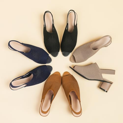 Women's Knit Peep Toe Chunky Block Heeled Sandals with Ankle Strap Fashion Hollow Pointed Toe Elastic Slingback Slip On High Heels Summer Casual Work Office Wedding Dressy Pumps3