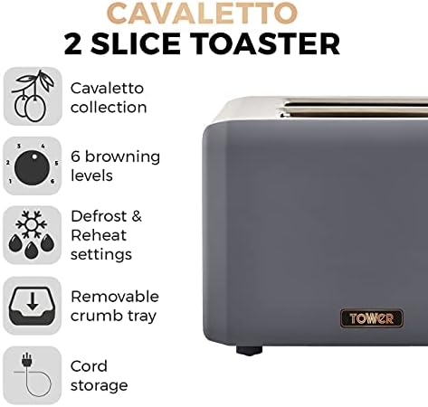 Tower T10044RGG Cavaletto Pyramid Kettle with Fast Boil, Grey and Rose Gold & T20036RGG Cavaletto 2-Slice Toaster with Defrost/Reheat, Stainless Steel, 850 W, Grey and Rose Gold