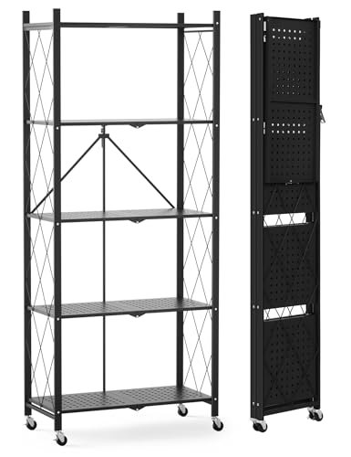 ALANNG Klappregal mit Rädern - Standregal mit 5 Ablagen, Bücherregal aus Metall - Montagefrei & Stabil - Für Küche, Wohnzimmer, Keller, Büro - Schwarz