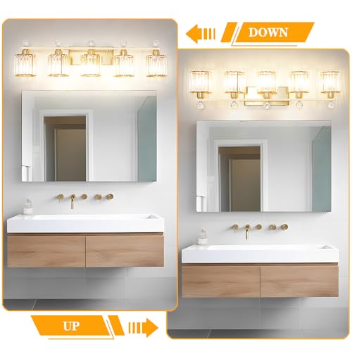 Image of Bathroom Vanity Light Fixtures 5-lights, Gold Crystal Vanity Lights for Bath, Bathroom Lights Fixture with Clear Crystal Glass Shade, Modern Wall Light over Mirror, Wall Sconces Light for Hallway