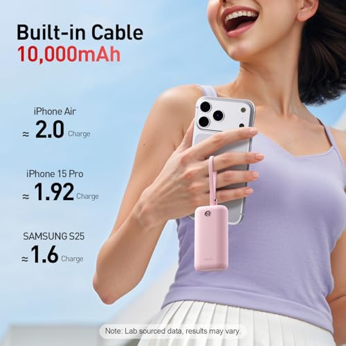 Image of iWALK Mini Portable Charger 10,000mAh, 22.5W USB-C Fast Charging Power Bank with Built-in Cable, Travel Essential Ultra-Small Battery Pack Compatible for iPhone 17 /16 /16 Pro /15, Samsung, Google, Pink