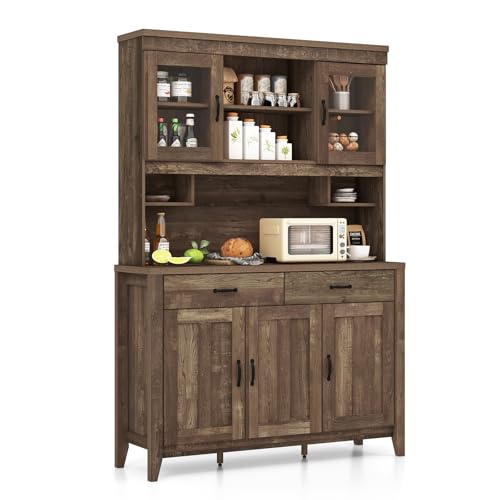 Giantex Kitchen Pantry Cabinet, 78.5” Tall Buffet Hutch Cabinet with Microwave Countertop, Double Glass Doors, 2 Storage Drawers & 6 Adjustable Shelves, Large Cupboard for Home Coffee Bar (Brown)